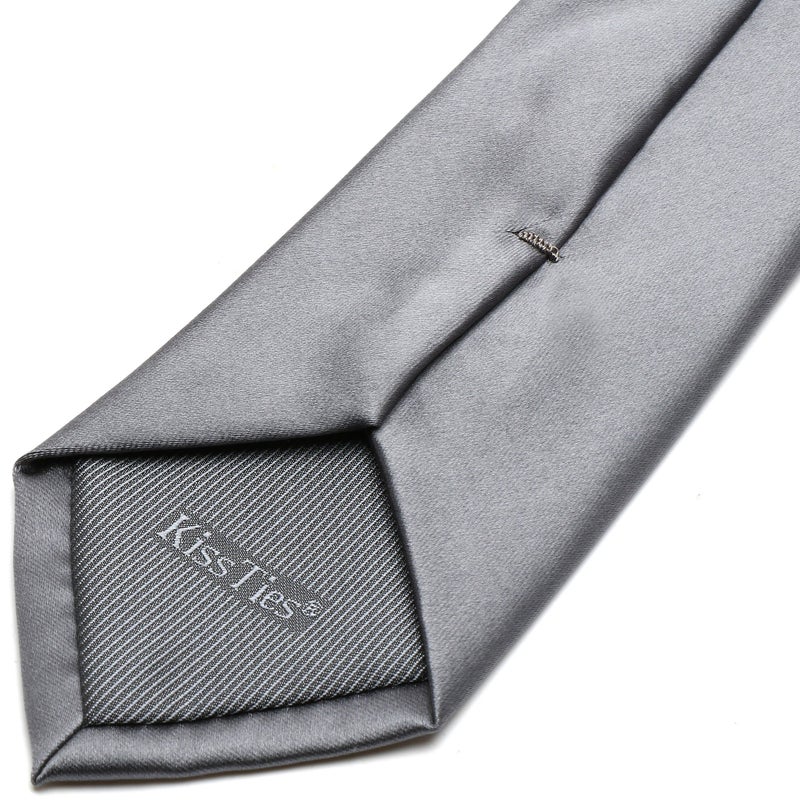 KissTies Mens Silk Gray Tie Solid Satin Wedding Necktie + Gift Box - Image 4